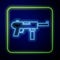 Glowing neon Submachine gun M3, Grease gun icon isolated on blue background. Vector