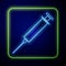 Glowing neon Syringe icon isolated on blue background. Syringe for vaccine, vaccination, injection, flu shot. Medical