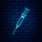 Glowing neon Syringe icon isolated on brick wall background. Syringe sign for vaccine, vaccination, injection, flu shot