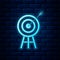 Glowing neon Target with arrow icon isolated on brick wall background. Dart board sign. Archery board icon. Dartboard