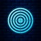 Glowing neon Target sport for shooting competition icon isolated on brick wall background. Clean target with numbers for