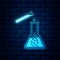 Glowing neon Test tube and flask - chemical laboratory test icon isolated on brick wall background. Laboratory glassware