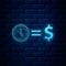 Glowing neon Time is money icon isolated on brick wall background. Money is time. Effective time management. Convert