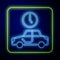 Glowing neon Time to travel icon isolated on blue background. Vector