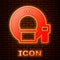 Glowing neon Tomography icon isolated on brick wall background. Medical scanner, radiation. Diagnosis, radiology