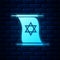 Glowing neon Torah scroll icon isolated on brick wall background. Jewish Torah in expanded form. Torah Book sign. Star