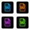 Glowing neon Torn document icon isolated on white background. Black square button. Vector