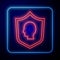 Glowing neon User protection icon isolated on blue background. Secure user login, password protected, personal data