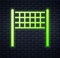 Glowing neon Volleyball net icon isolated on brick wall background. Vector