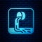 Glowing neon Wastewater icon isolated on brick wall background. Sewer pipe. From the pipe flowing liquid into the river