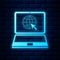 Glowing neon Website on laptop screen icon isolated on brick wall background. Laptop with globe and cursor. World wide