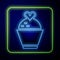 Glowing neon Wedding cake with heart icon isolated on blue background. Vector