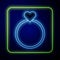 Glowing neon Wedding rings icon isolated on blue background. Bride and groom jewelry sign. Marriage symbol. Diamond ring