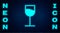 Glowing neon Wine glass icon isolated on brick wall background. Wineglass sign. Vector Illustration