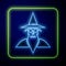 Glowing neon Wizard warlock icon isolated on blue background