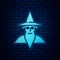 Glowing neon Wizard warlock icon isolated on brick wall background