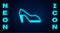 Glowing neon Woman shoe with high heel icon isolated on brick wall background. Vector