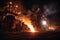 Glowing night view of a large steel mill with fiery sparks and molten metal pouring\\\