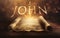 Glowing open scroll parchment revealing the book of the Bible. Book of 1 John