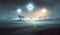 Glowing orbs of light flying over a foggy rural landscape. Generative AI
