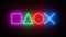 Glowing playstation buttons icon. Neon sign on a brick wall. Abstract background, spectrum vibrant colors. 3d render illustration