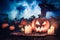 Glowing pumpkin with blue mist and scarecrows for Halloween