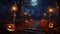 Glowing pumpkins levitate on a black background