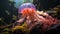 A glowing purple cnidarian swims in the deep, mysterious sea generated by AI