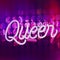 Glowing purple neon Inscription Queen dark tones vintage image.