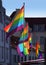 Glowing rainbow flags in the Old Town of Luebeck