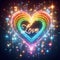 Glowing rainbow heart with love in lights background.