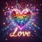 Glowing rainbow heart with love in lights background.
