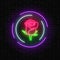 Glowing rose neon sign of flower shop in round frames on dark brick wall background. Design of floral store signboard.