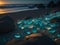 Glowing shiny bioluminescent sea glass stones on a secluded Glass beach