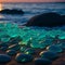 Glowing shiny sea glass stones on a secluded Glass beach