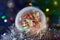 Glowing snow globe with Santa Claus and lantern. Long exposure