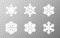 Glowing snowflakes set on transparent backdrop. Shining flakes collection. Christmas luxury decoration. Bright white