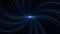 Glowing source of light surrounded by rotating blue curving beams on black background. Animation. Beautiful spinning
