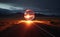 Glowing sphere on the road in the desert at sunset time. sunrise over the desert. Sparkling Light