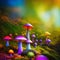 Glowing spotted fluorescent mushrooms, mystic luminescent forest, psychedelic colors