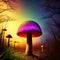 Glowing spotted fluorescent mushrooms, mystic luminescent forest, psychedelic colors