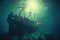 Glowing sunken pirate ship underwater with a giant squid. generative ai AIG32