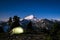 Glowing tent at night beneath Mount Baker, Washington state