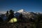 Glowing tent at night beneath Mount Baker, Washington state