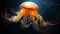 Glowing tentacle swims in deep, dark underwater generated by AI