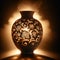 Glowing vintage Chinese porcelain vase, steam rising, floral patterns, wooden table, dark room, captivating beauty.
