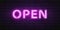 Glowing violet neon script OPEN. Vector font for typography design. Bright font with fluorescent tubes in boxing