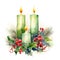 Glowing Watercolor Holiday Candles Surrounded by Festive Greenery and Ornaments on White Background AI Generated