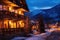 glowing windows of a warm mountain inn at twilight