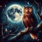 A glowing wizard owl on a tree branch, in a night with full moon, realictic fantasy, background artwork, digital art